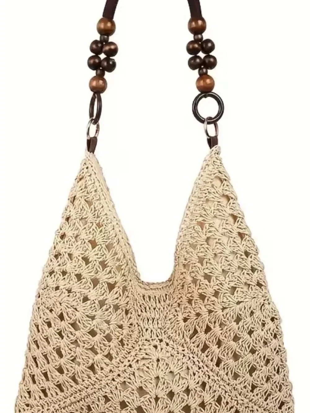 Crochet Hobo Bag with Wooden Bead Handle and Magnetic Closure